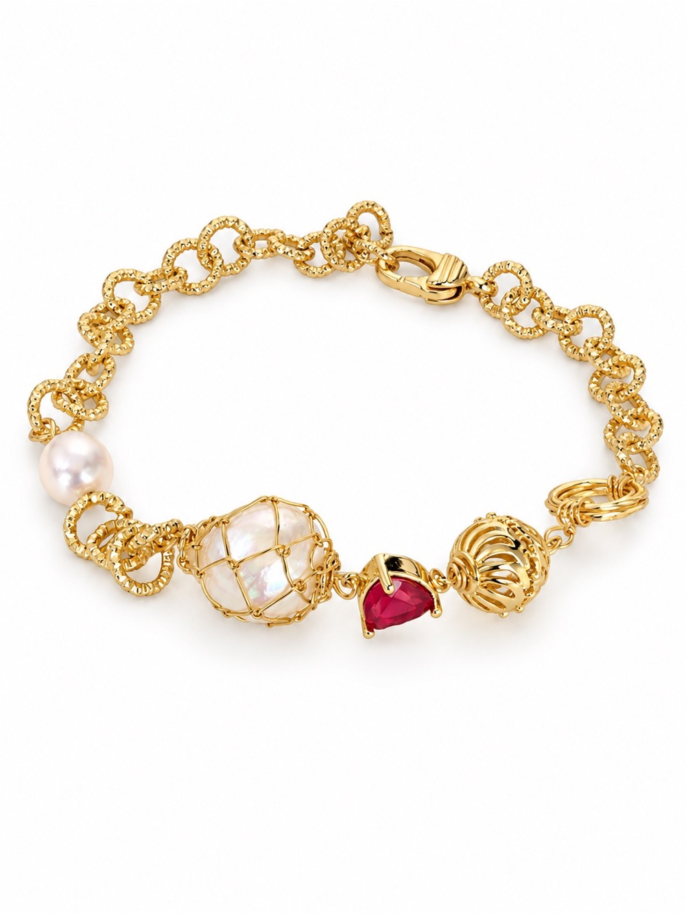 Handmade Freshwater Pearl & Red Gemstone Gold-Tone Statement Bracelet